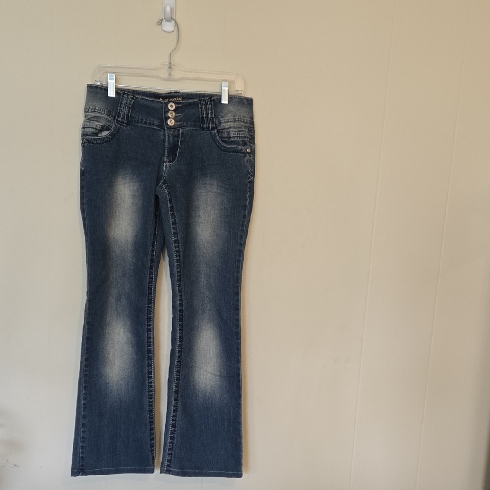Ladies Angels Flare Leg Stretch Blue Jeans Size 11 (Jrs) Embellished Pockets